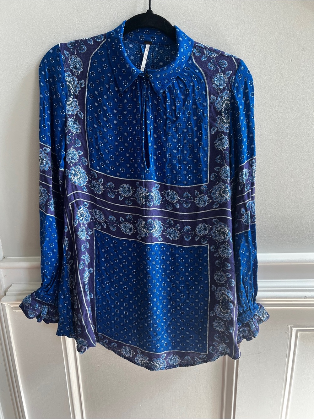 Free People Royal Blue Paisley Bandana-Print Long Sleeve Blouse